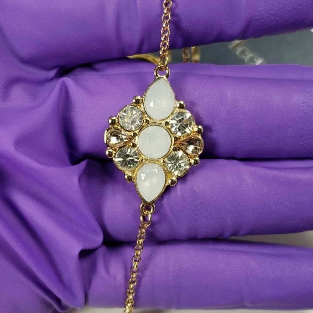 Vintage Gold Chain Necklace with 4 Rings & Pearl Crystal Pendant -  Bracelet